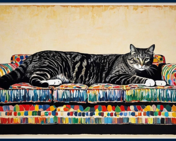 Illustration of a tabby cat on a colorful sofa