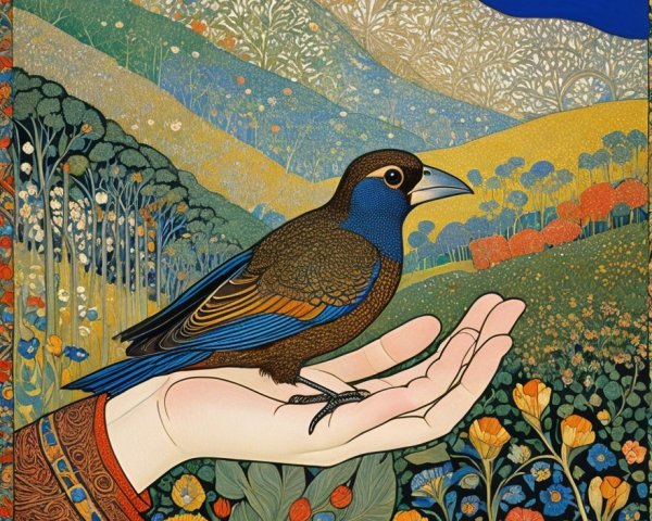 Vibrant landscape with colorful bird and flowers