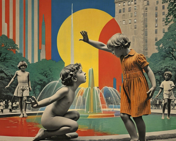 Children Playing by a Colorful Fountain in a Cityscape