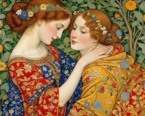 Ethereal Women in Floral Headpieces and Robes