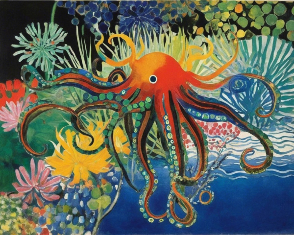 Vibrant Underwater Scene with Colorful Octopus and Flora
