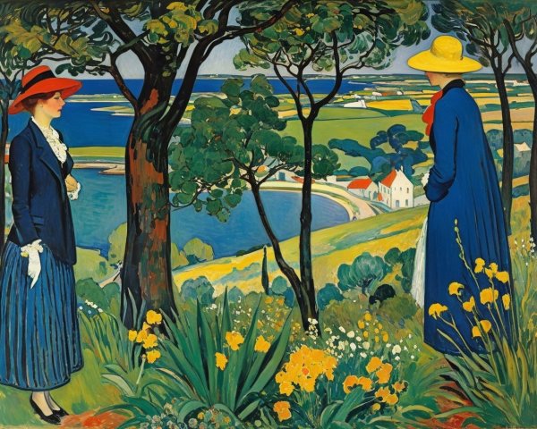Elegantly Dressed Women in Coastal Landscape Setting
