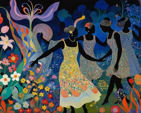 Dancing Women in a Colorful Fantasy Garden Scene