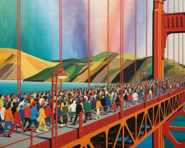 Colorful Painting of Crowd on Golden Gate Bridge