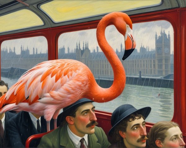 Flamingo in Red Double-Decker Bus with Passengers