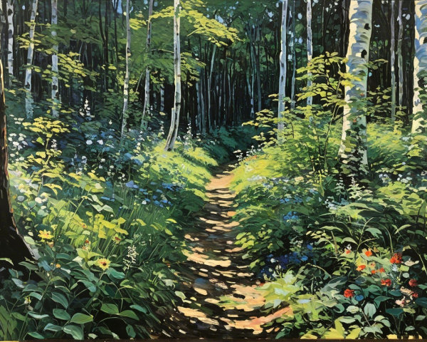 Serene Forest Path with Lush Greenery and Wildflowers