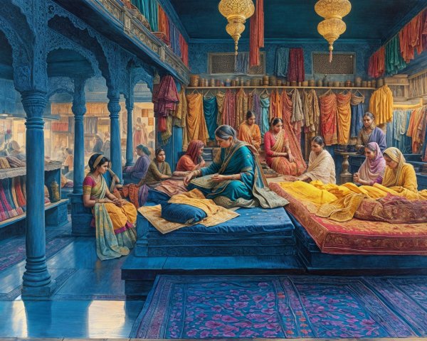 Ornate Fabric Shop Showcasing Vibrant Textiles and Artisans