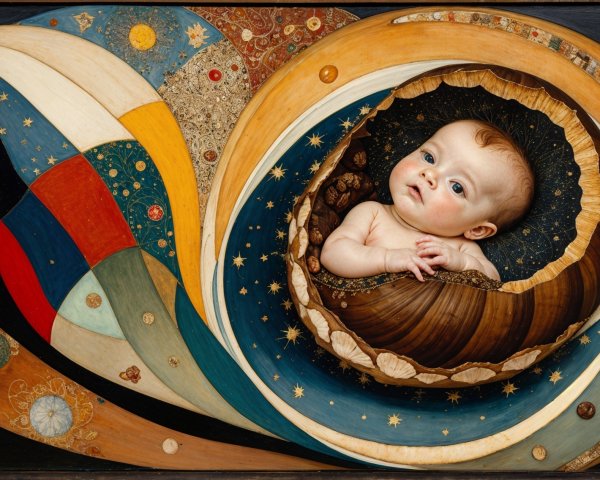 Infant in Shell Surrounded by Celestial Patterns