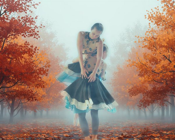 Acrobatic Dance Pose in Misty Autumn Forest