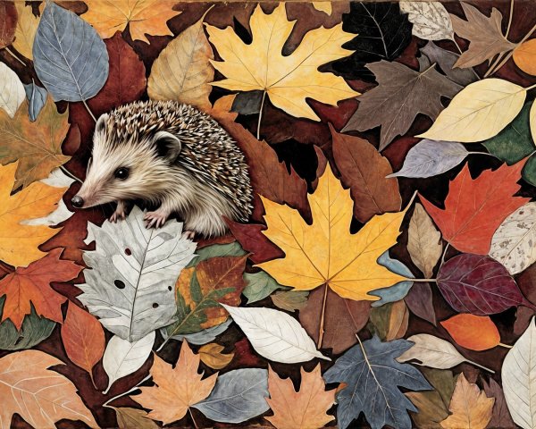 Hedgehog Surrounded by Colorful Autumn Leaves