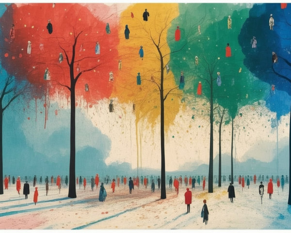 Surreal Landscape with Colorful Trees and Figures