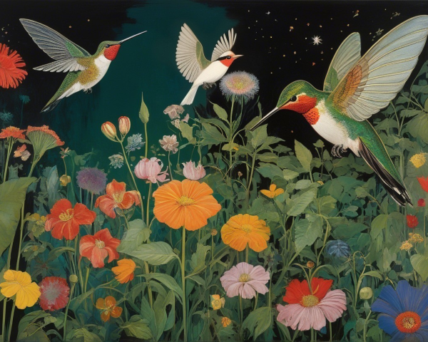 Colorful Garden with Hummingbirds at Night