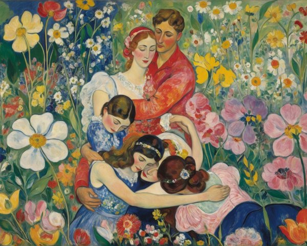 Colorful Expressionist Painting of Women in Flower Garden