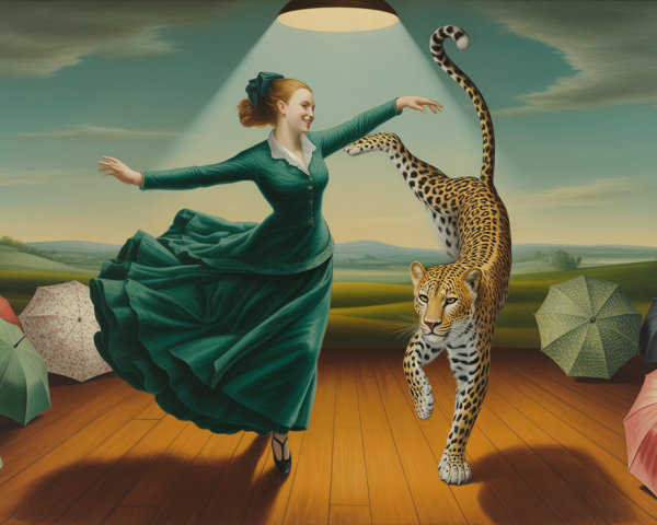 Whimsical Dance Scene with Woman and Leopard Underlight