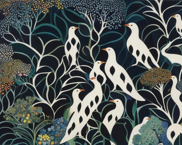 Vibrant Scene of White Birds Among Lush Foliage