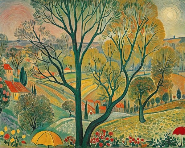 Vibrant landscape with trees, hills, and colorful flowers