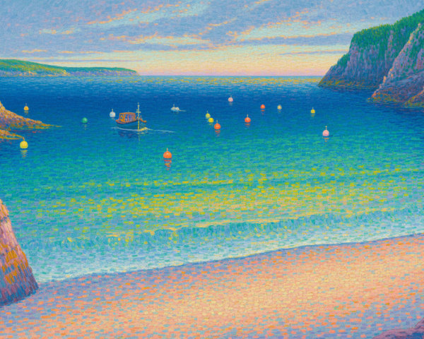 Serene Coastal Scene with Pastel Sunset and Boat