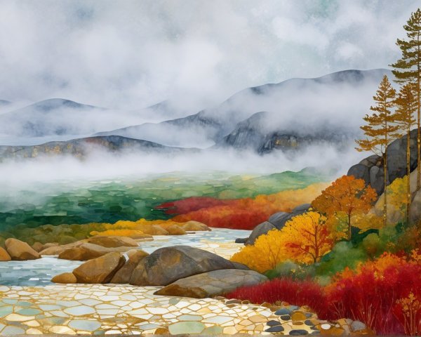 Serene Landscape with Misty Mountains and Autumn Foliage