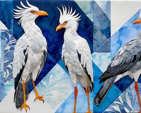 Stylized Birds with White Feathers on Blue Background