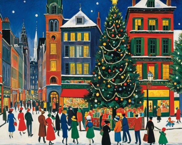 Vibrant Christmas Street Scene with Snow and Lights