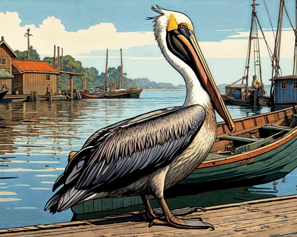 Pelican on Dock with Scenic Waterfront and Boats