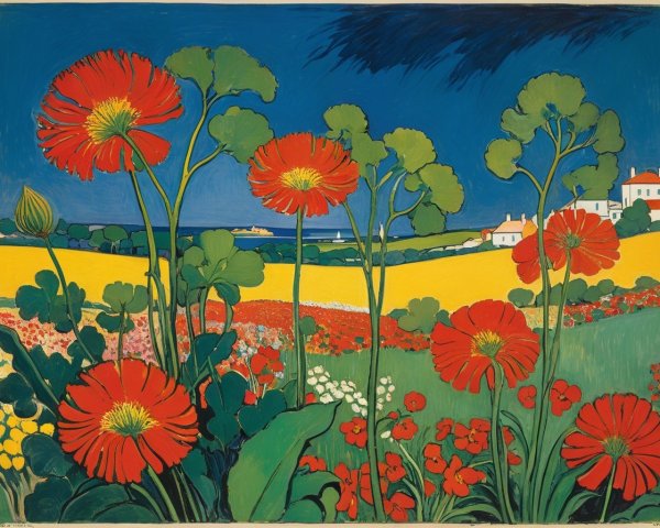 Vibrant Red Flowers in a Lush Green Landscape