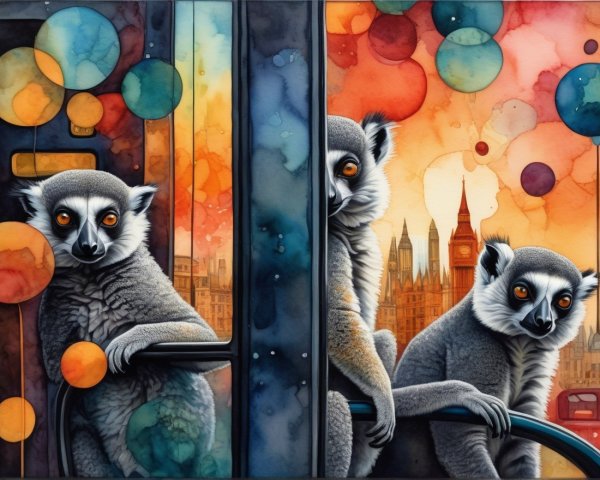 Watercolor Artwork of Lemurs by a London Bus Window