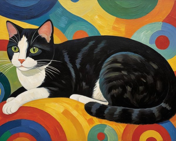 Stylized Painting of Black and White Cat on Colorful Background