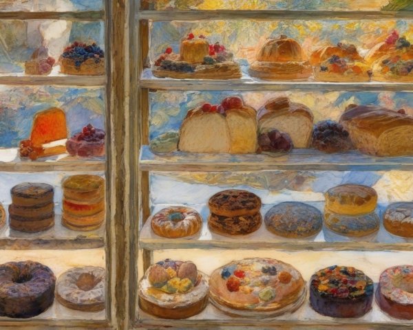 Vibrant Bakery Display of Pastries and Breads