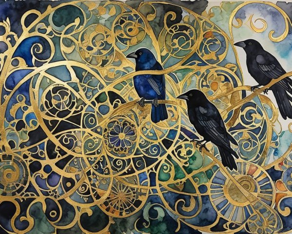 Black Birds on Golden Branches with Watercolor Background