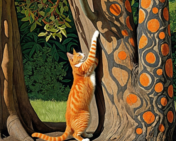Vibrant Orange Tabby Cat by Textured Tree Trunk