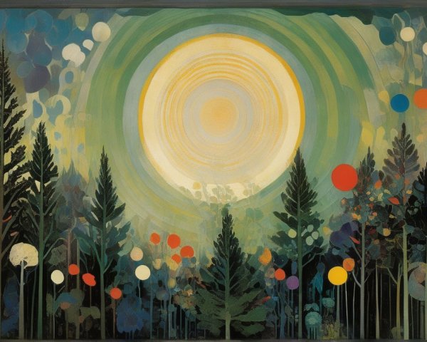 Vibrant Forest Scene with Stylized Trees and Sun