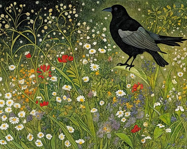 Black Bird in Colorful Wildflower Meadow Scene