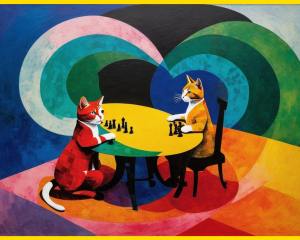 Stylized Cats Playing Chess at a Colorful Table