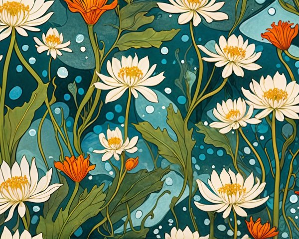 White Lotus and Orange Flowers on Teal Background