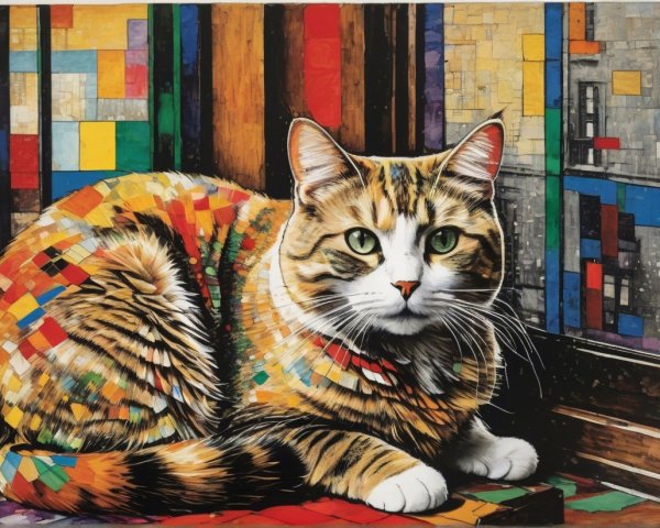 Mosaic Painting of a Tabby Cat by a Window