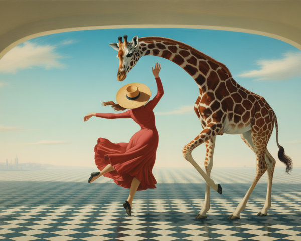 Whimsical Dance of Woman and Giraffe Under Archway