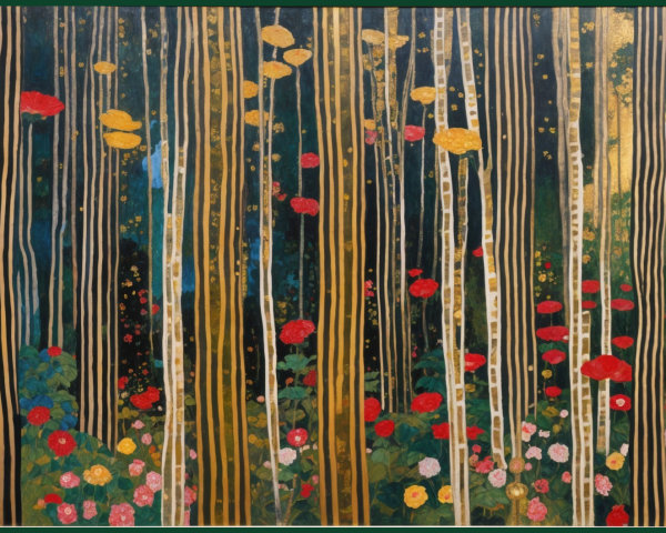 Vibrant forest scene with colorful flowers and trees