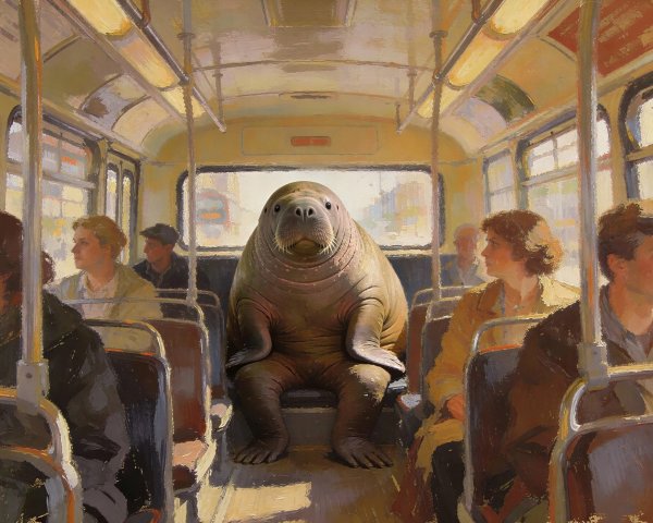 Vintage Bus Interior Featuring a Central Walrus Figure