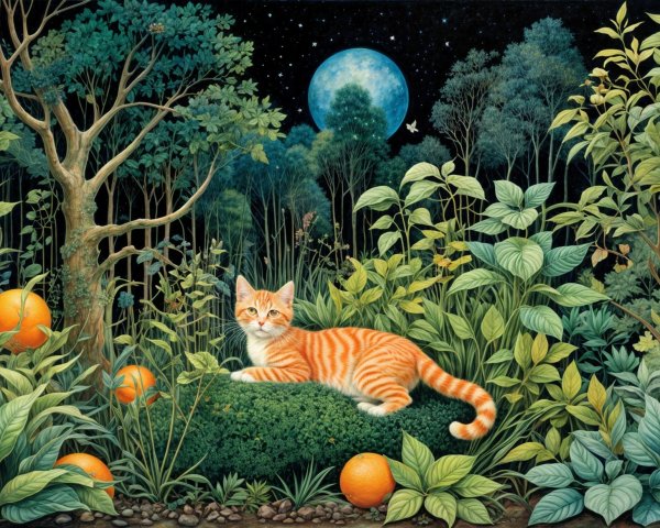 Ginger Tabby Cat in Moonlit Forest with Colorful Fruits