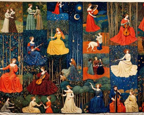 Vibrant Tapestry Depicting Women in Dreamlike Scenes