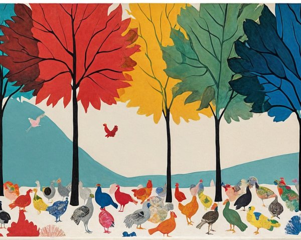 Colorful Landscape with Vibrant Trees and Birds