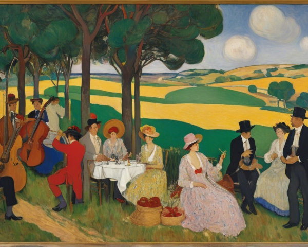 Outdoor Picnic Scene with Musicians in Lush Landscape