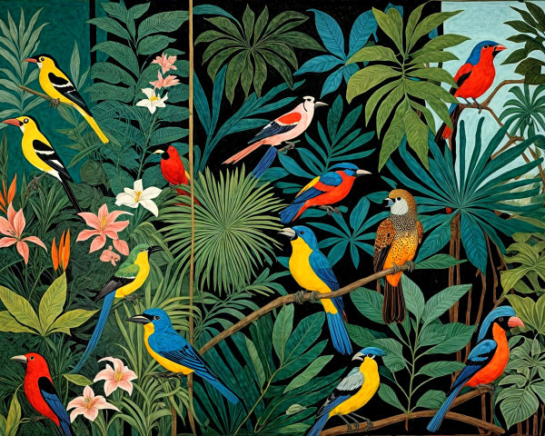 Vibrant Tropical Scene with Colorful Birds and Foliage