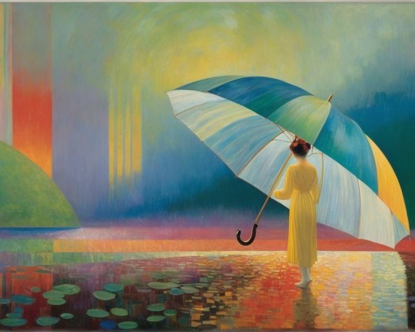Figure in Yellow Dress in Abstract Landscape with Umbrella