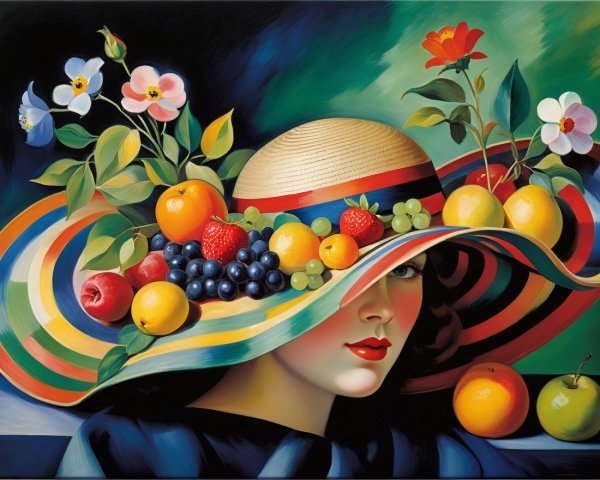 Vibrant Oil Painting of Woman with Colorful Hat and Fruits
