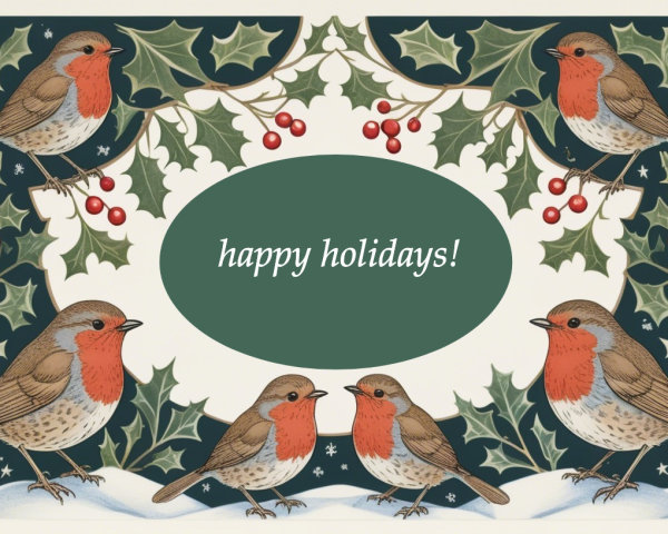 Holiday Card Design with European Robins and Holly