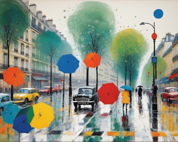 Vibrant Rainy Street Scene with Colorful Umbrellas
