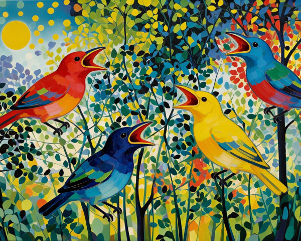 Vibrant Birds in a Colorful Forest Setting