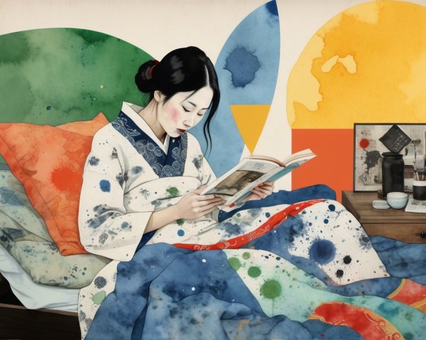 Young Woman Reading in a Colorful Artistic Bedroom